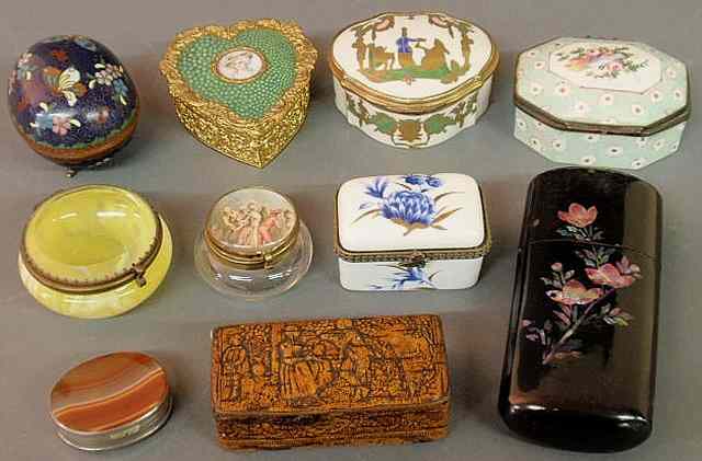 Appraisal: Group of nine th c small boxes- paint decorated porcelain