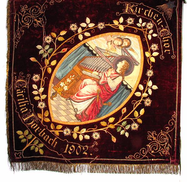 Appraisal: A German ecclesiastical velvet silk and metal thread embroidered panel