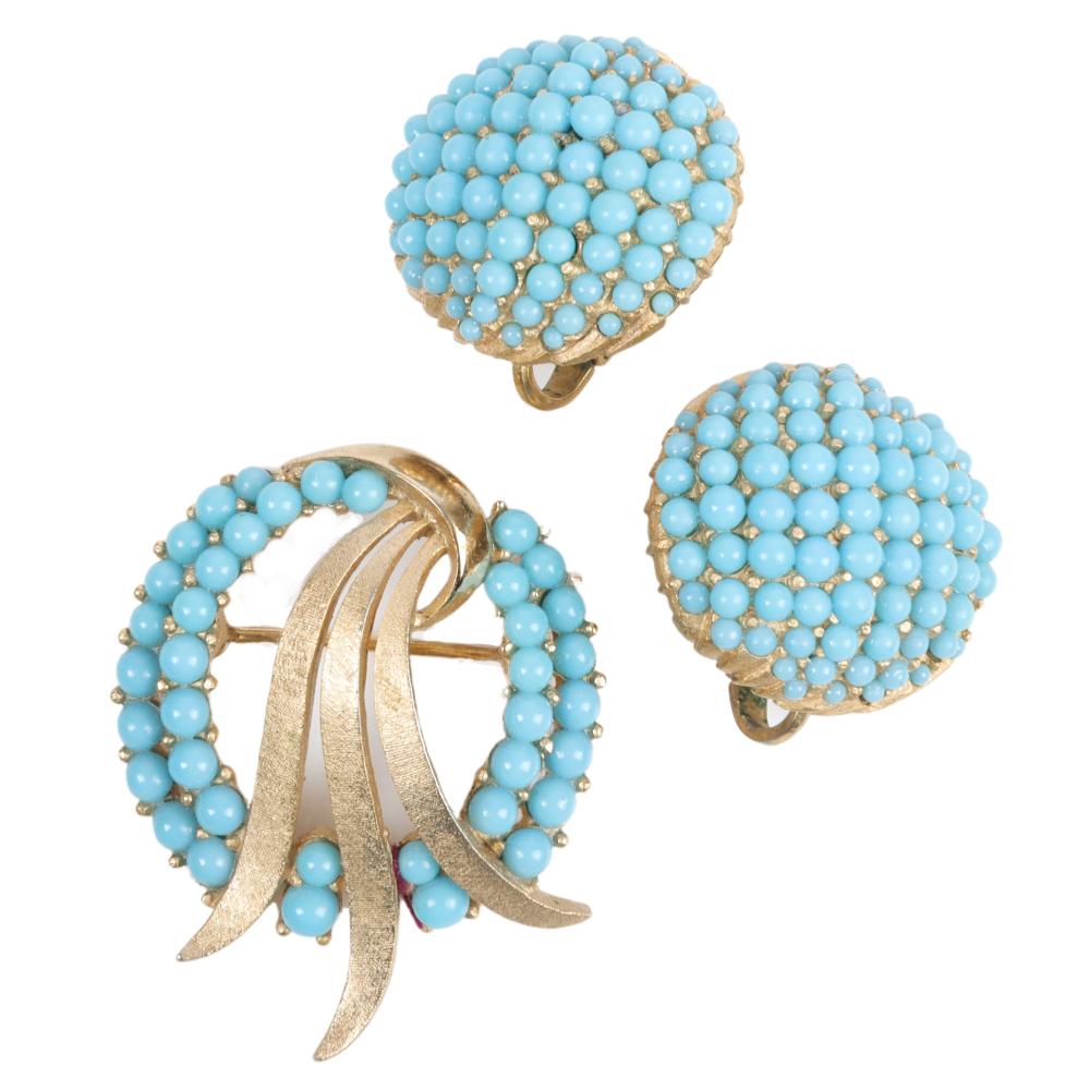 Appraisal: TRIFARI BRUSHED GOLD TONE AND AQUA CIRCLE PIN AND EARRING