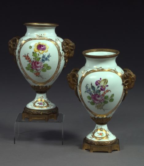 Appraisal: Attractive Pair of Gilt-Bronze-Mounted Volkstedt Porcelain Garniture Vases in the