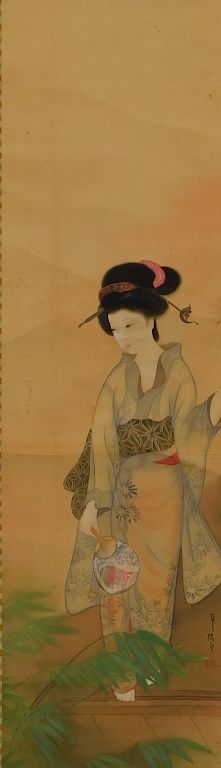 Appraisal: Japanese Geisha with a Fan Hanging Wall Scroll Japan Dressed