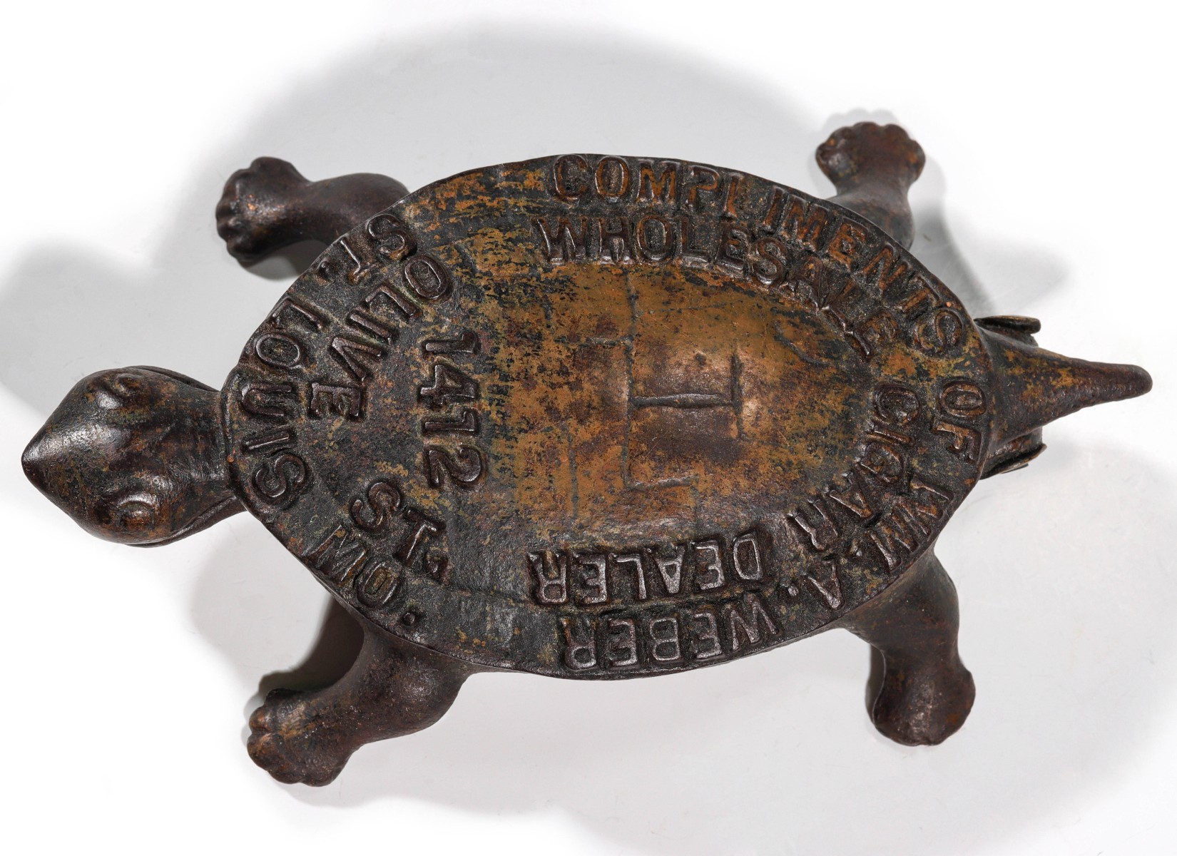 Appraisal: IRON TURTLE TOBACCO ADVERTISING MATCH SAFE C Raised lettering reads