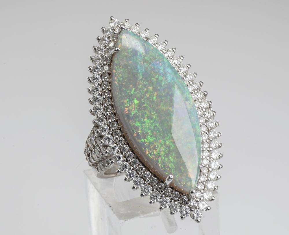 Appraisal: -KARAT WHITE-GOLD OPAL AND DIAMOND RING -Karat White-Gold Opal and