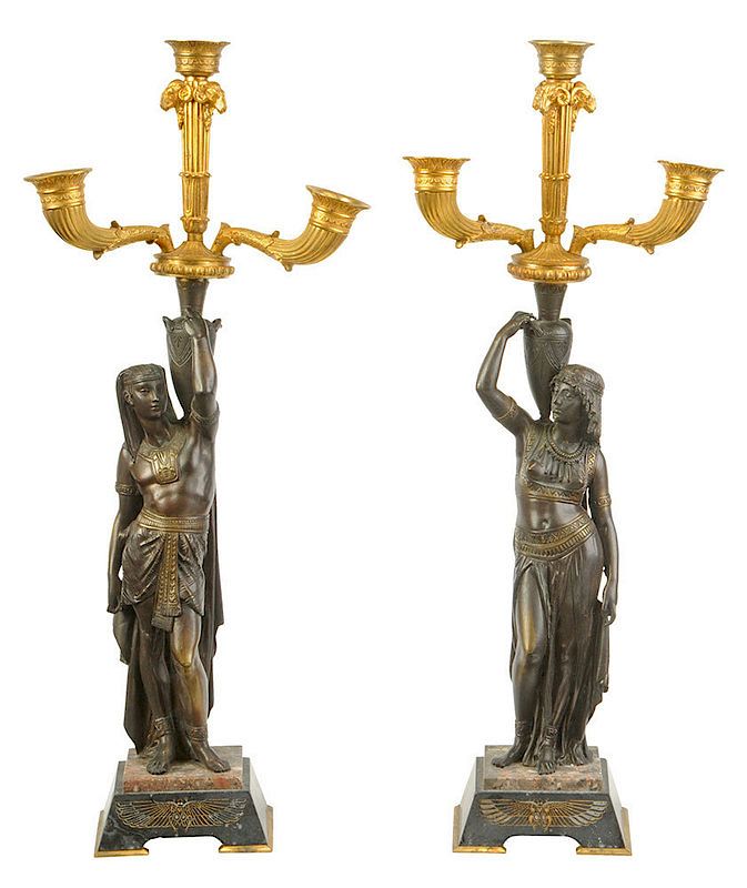 Appraisal: Pair Egyptian Revival Gilt Bronze Candelabra French th century pair