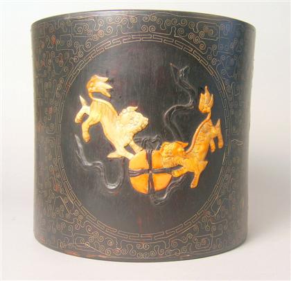 Appraisal: Large Chinese hardwood applied-stone and wire-inlaid brushpot republic period Of