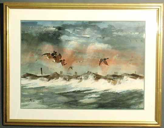 Appraisal: Watercolor painting of canvasback ducks flying past a jetty in