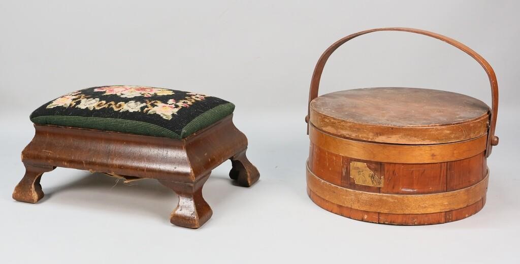 Appraisal: UPHOLSTERED FOOTSTOOL HANDLED WOOD LUNCH BOXMahogany upholstered footstool with floral