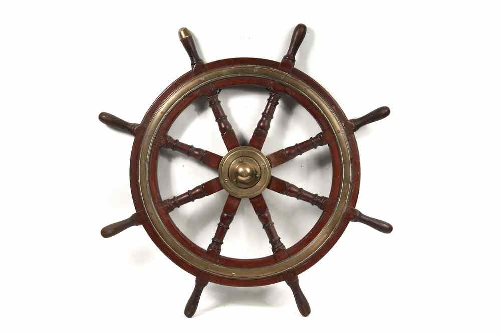 Appraisal: EARLY SHIP'S WHEEL - Circa Mahogany and Bronze Fitted Ship's