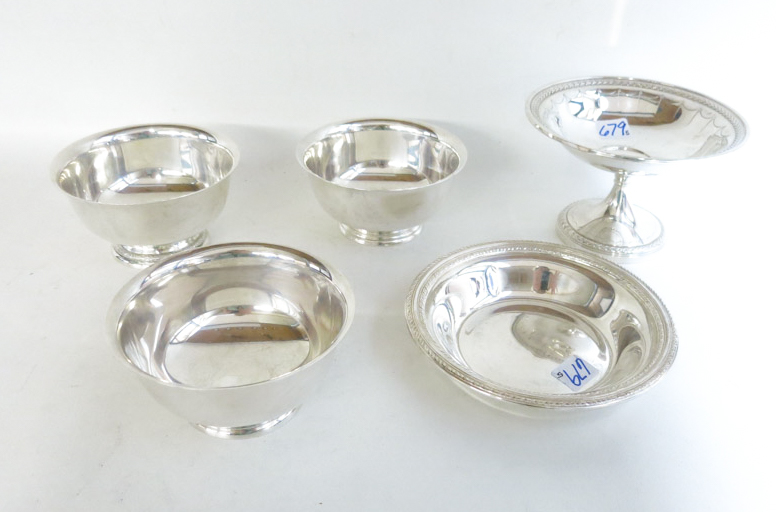 Appraisal: FIVE STERLING SILVER HOLLWWARE PIECES footed bowls D shallow bowl