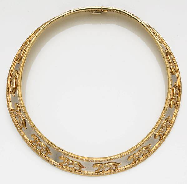 Appraisal: A diamond k and k bicolor gold leopard motif collar