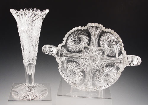 Appraisal: PIECE LIBBEY BRILLIANT CUT GLASS DIVIDED DISH AND TRUMPET VASE