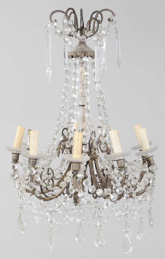 Appraisal: Empire Style Bronze and Crystal Nine- Light Basket Fixture late