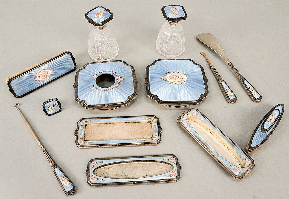 Appraisal: Enameled sterling thirteen piece partial dresser set blue enameled with