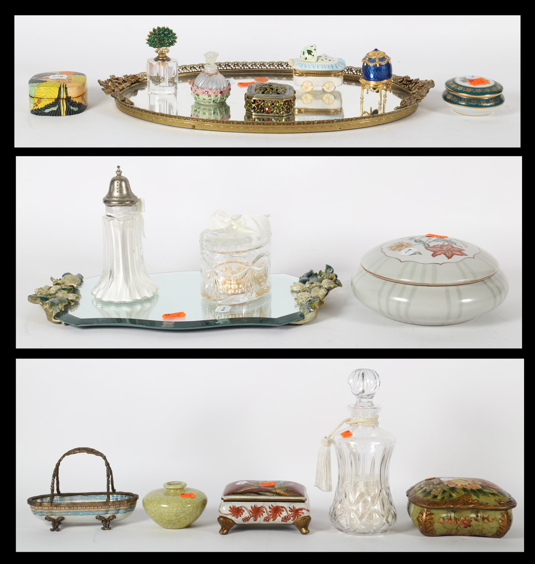 Appraisal: Assortment of items including decorative boxes dresser trays dresser items