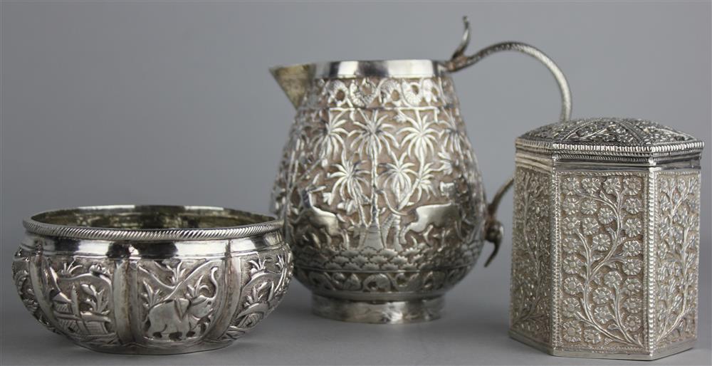 Appraisal: THREE PIECES OF INDIAN SILVER including a repousse creamer sugar