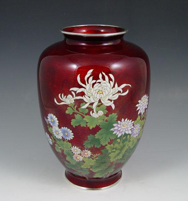 Appraisal: JAPANESE PIGEON BLOOD GINBARI CLOISONNE VASE Floral design on pigeon