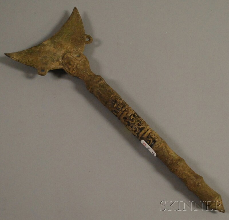 Appraisal: Chinese Archaic-type Carved Hardstone-mounted Bronze Scepter lg in