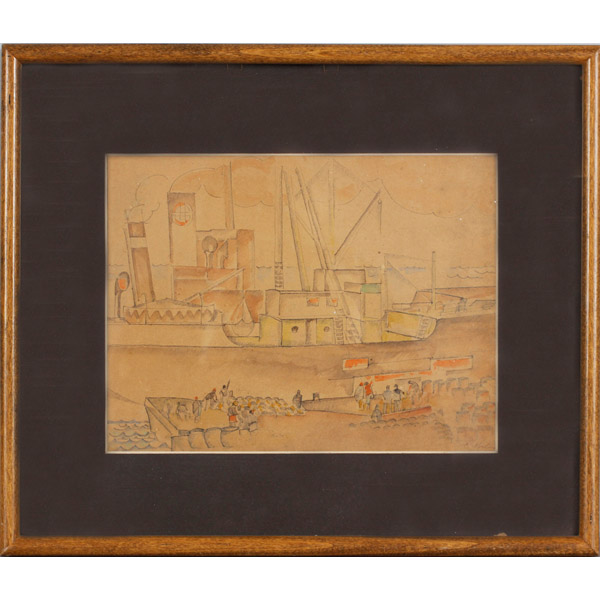 Appraisal: Early th Century dock scene with workers loading coal on