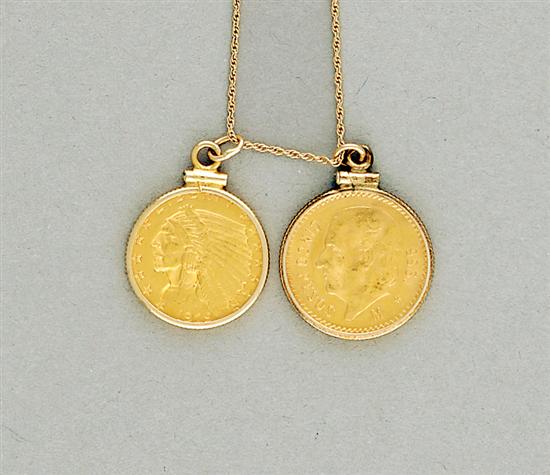 Appraisal: Gold coin pendants and chain having US two and one-half