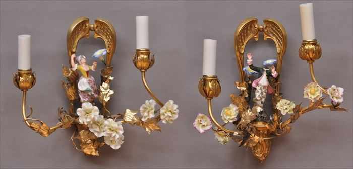 Appraisal: SET OF FOUR R GENCE-STYLE PORCELAIN-MOUNTED GILT-METAL TWO-LIGHT WALL APPLIQU