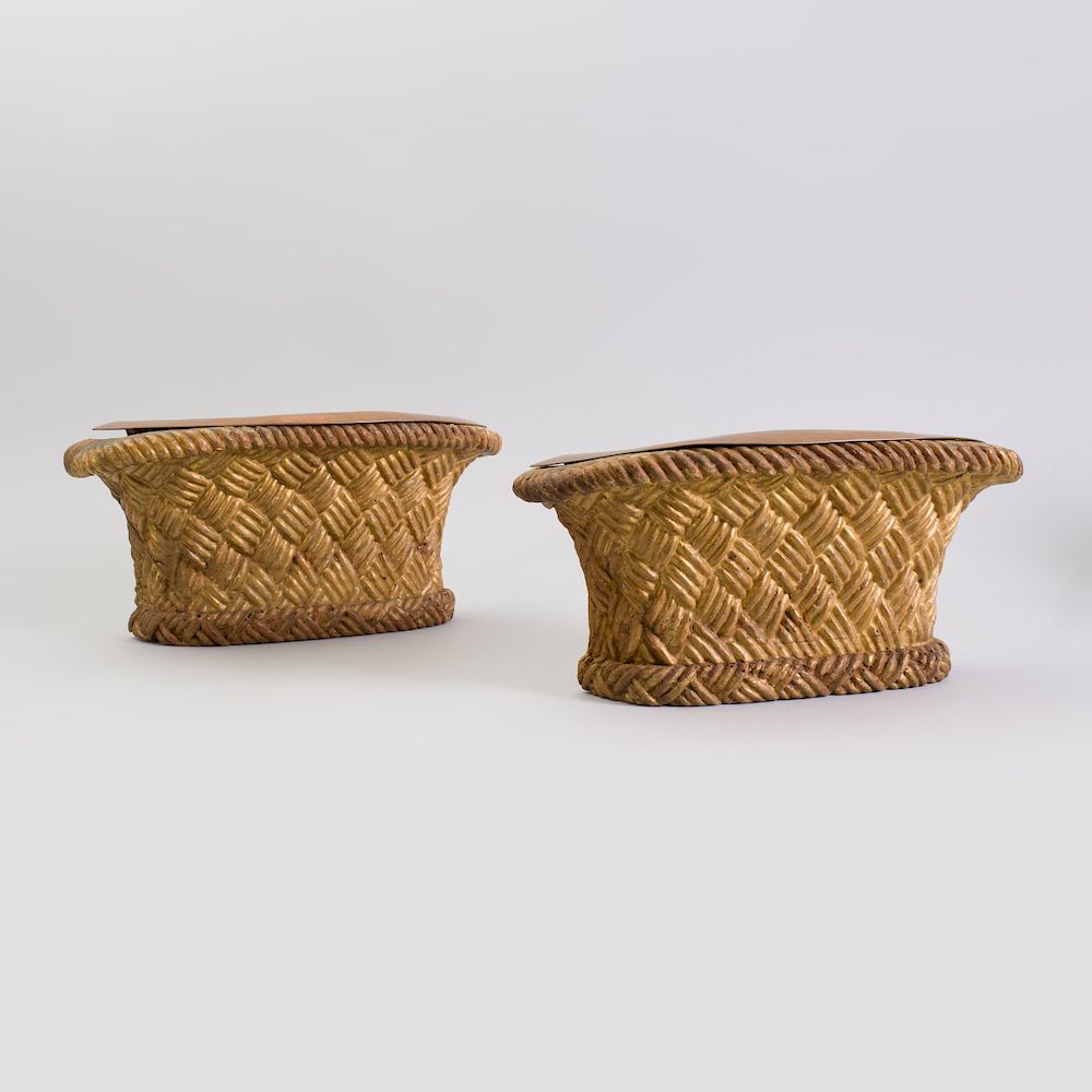 Appraisal: Pair of Italian Giltwood D-Shaped Basketweave Jardini res Each fitted