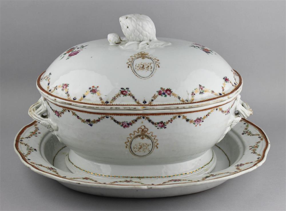 Appraisal: CHINESE EXPORT RECTANGULAR TUREEN COVER AND STAND decorated with floral