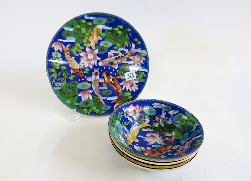 Appraisal: SET OF FIVE CHINESE CLOISONNE TABLEWARE decorated with koi fish