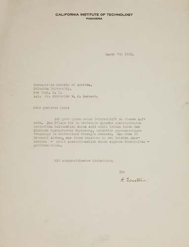 Appraisal: EINSTEIN ALBERT Typed Letter Signed to the Germanistic Society of