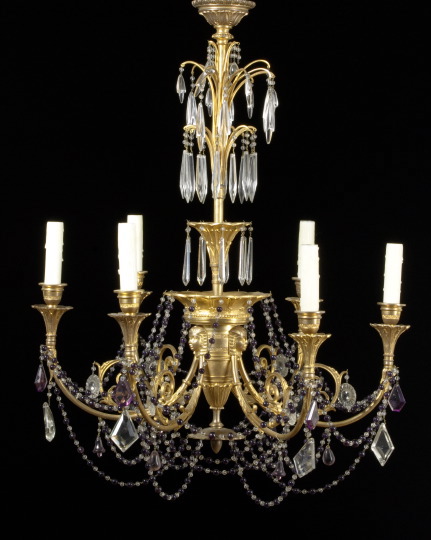 Appraisal: Consulate-Style Colorless and Amethyst Prism-Hung Six-Light Chandelier the stem adorned