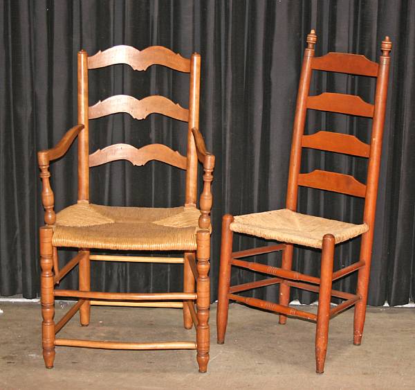 Appraisal: A set of five Provincial maple ladderback rush seat chairs