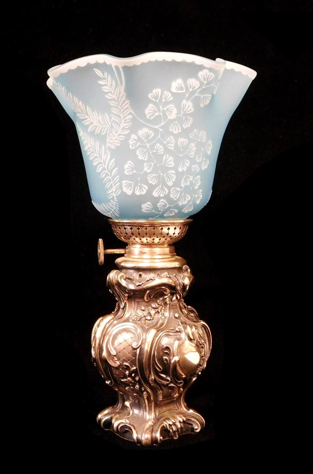 Appraisal: Miniature oil lamp blue cameo shade with fern and ginkgo