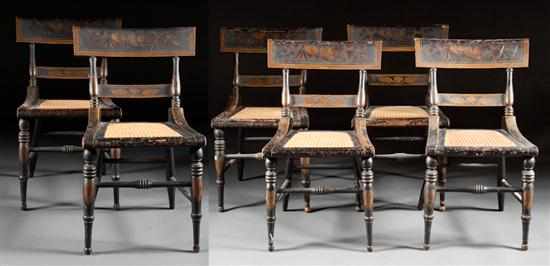 Appraisal: Set of six American Classical fancy painted cane seat chairs