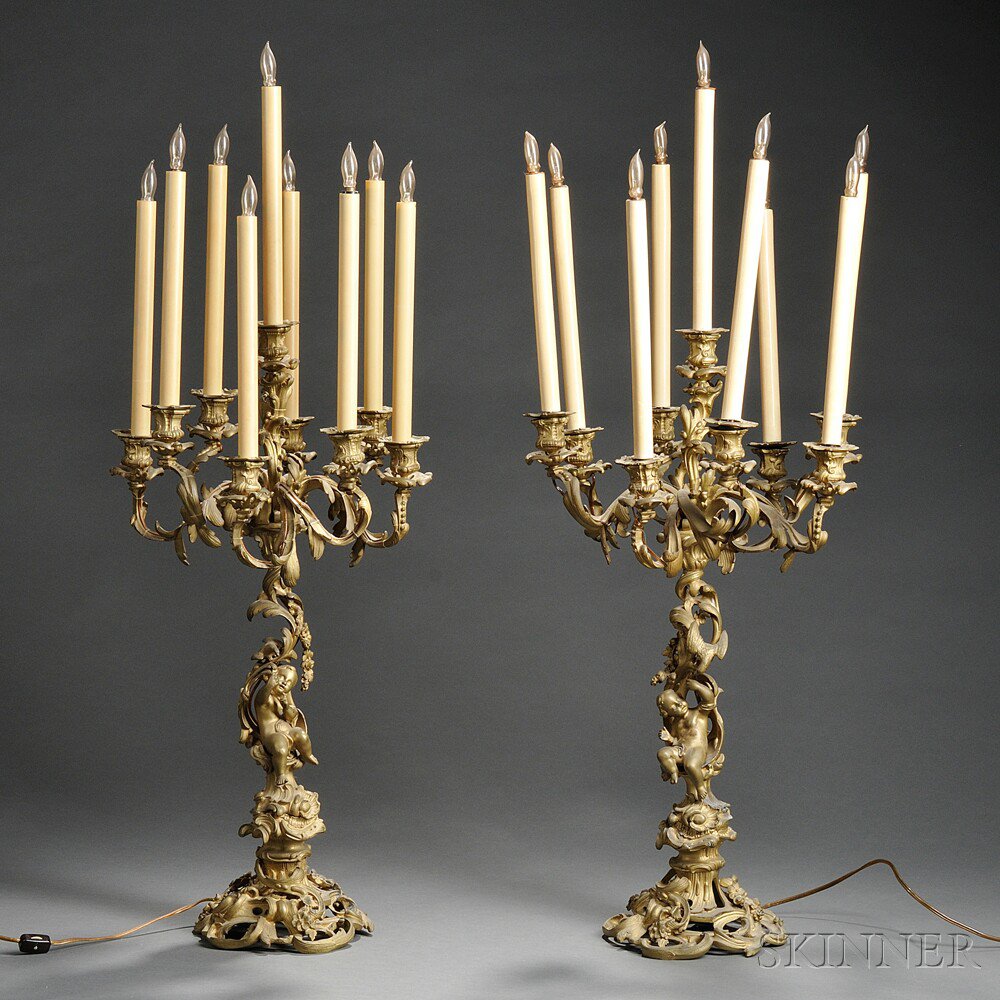 Appraisal: Pair of Gilt-bronze Nine-light Candelabra th century electrified each with