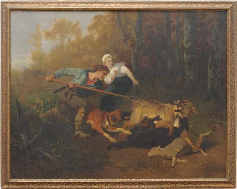 Appraisal: CHARLES M M VERLAT - FENDING OFF THE DOGS Oil