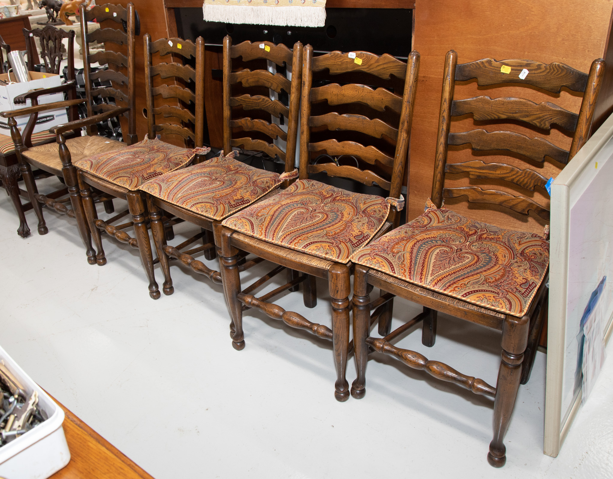 Appraisal: SET OF FIVE FRENCH PROVINCIAL ELM LADDERBACK CHAIRS Bench made