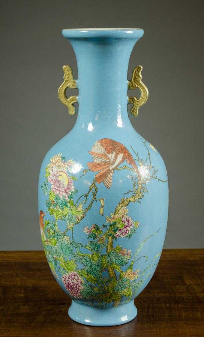 Appraisal: CHINESE PORCELAIN HAND ENAMELED VASE bottle form with pierced split