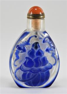 Appraisal: Chinese Carved Blue Peking Glass Snuff Bottle CHINA CIRCA -