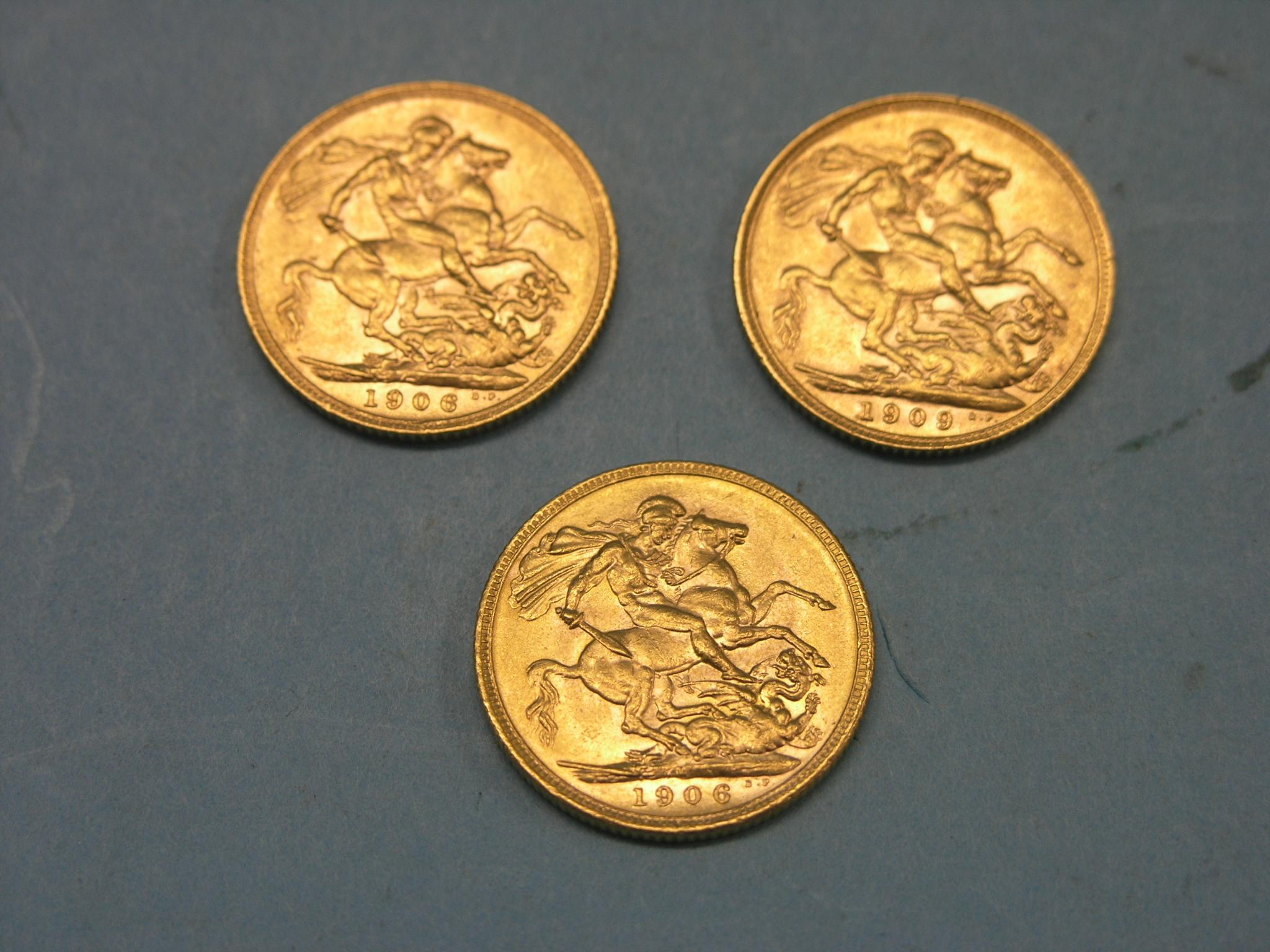 Appraisal: Three Edward VII gold Sovereigns one Melbourne mint