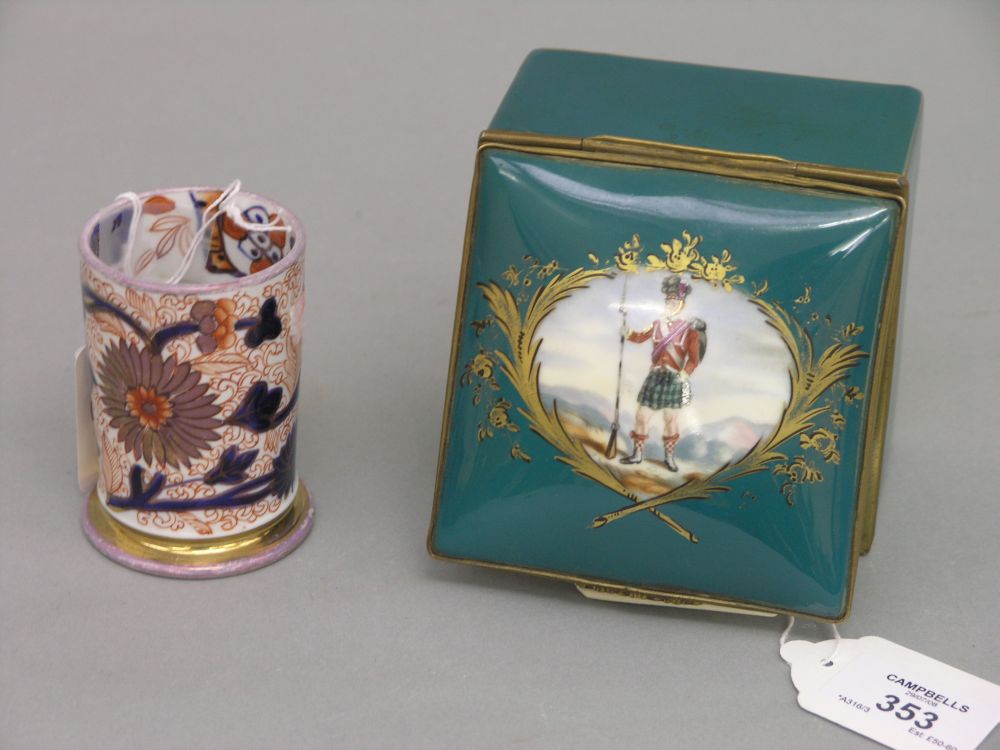 Appraisal: An enamel trinket box painted with a Gordon Highlander within