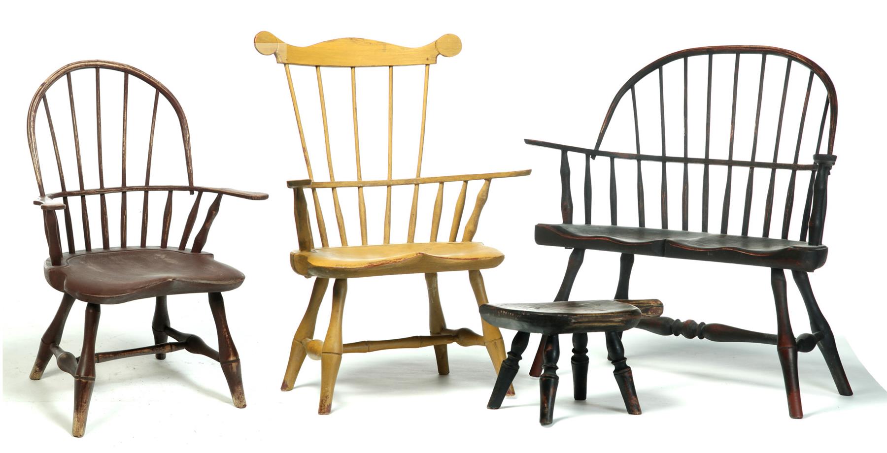 Appraisal: THREE CONTEMPORARY CHILD-SIZED WINDSOR CHAIRS AND FOOTSTOOL James Kessler Clive