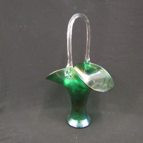 Appraisal: Loetz Art Glass Basket irridescent green clear handles tall excellent