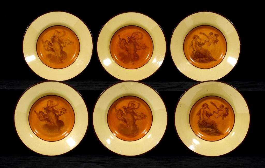 Appraisal: A SET OF SIX DON POTTERY DRABWARE PLATES bat printed