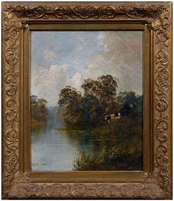 Appraisal: Walter Lewis painting landscape with river and cottage signed lower