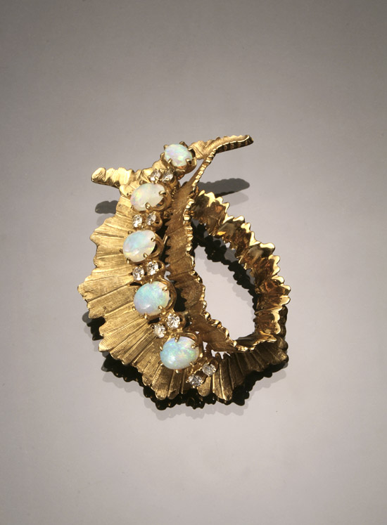 Appraisal: -Karat Yellow-Gold White Opal and Diamond Floral Brooch Set with