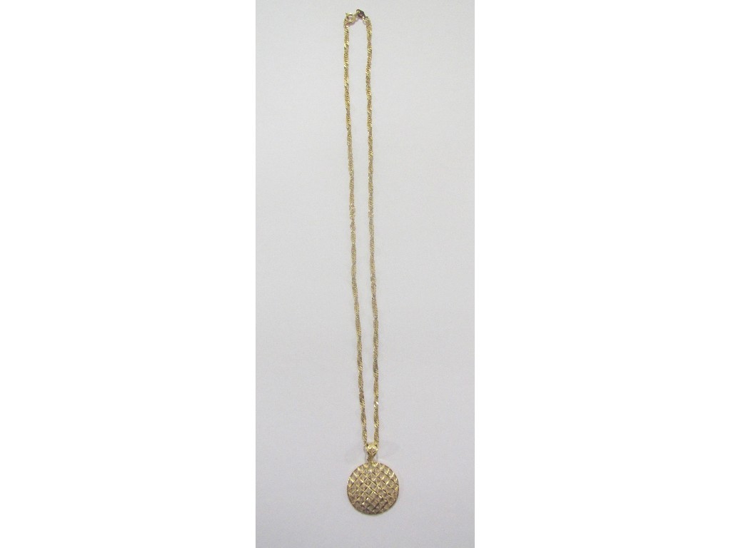 Appraisal: Eighteen carat gold pierced circular pendant on ct gold neckchain