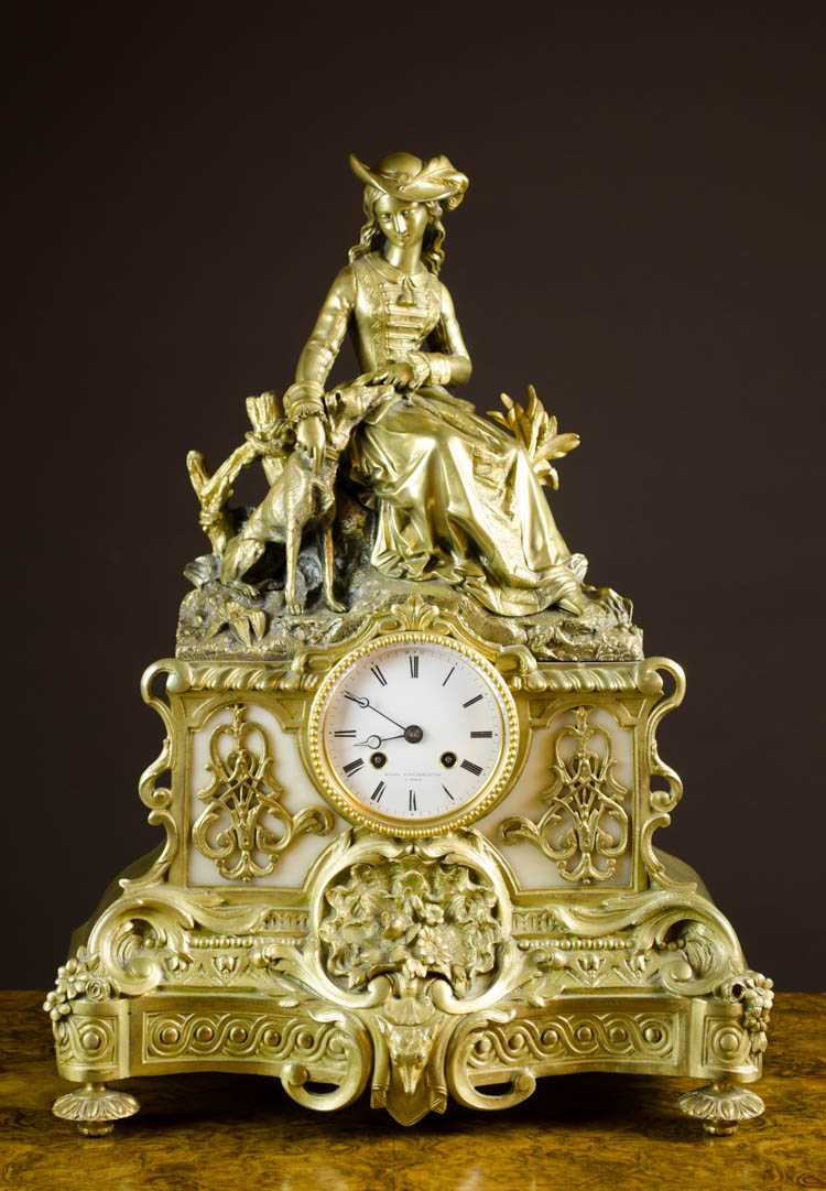 Appraisal: FRENCH FIGURAL DORE BRONZE MANTEL CLOCK Miroy Brothers J-B Marie