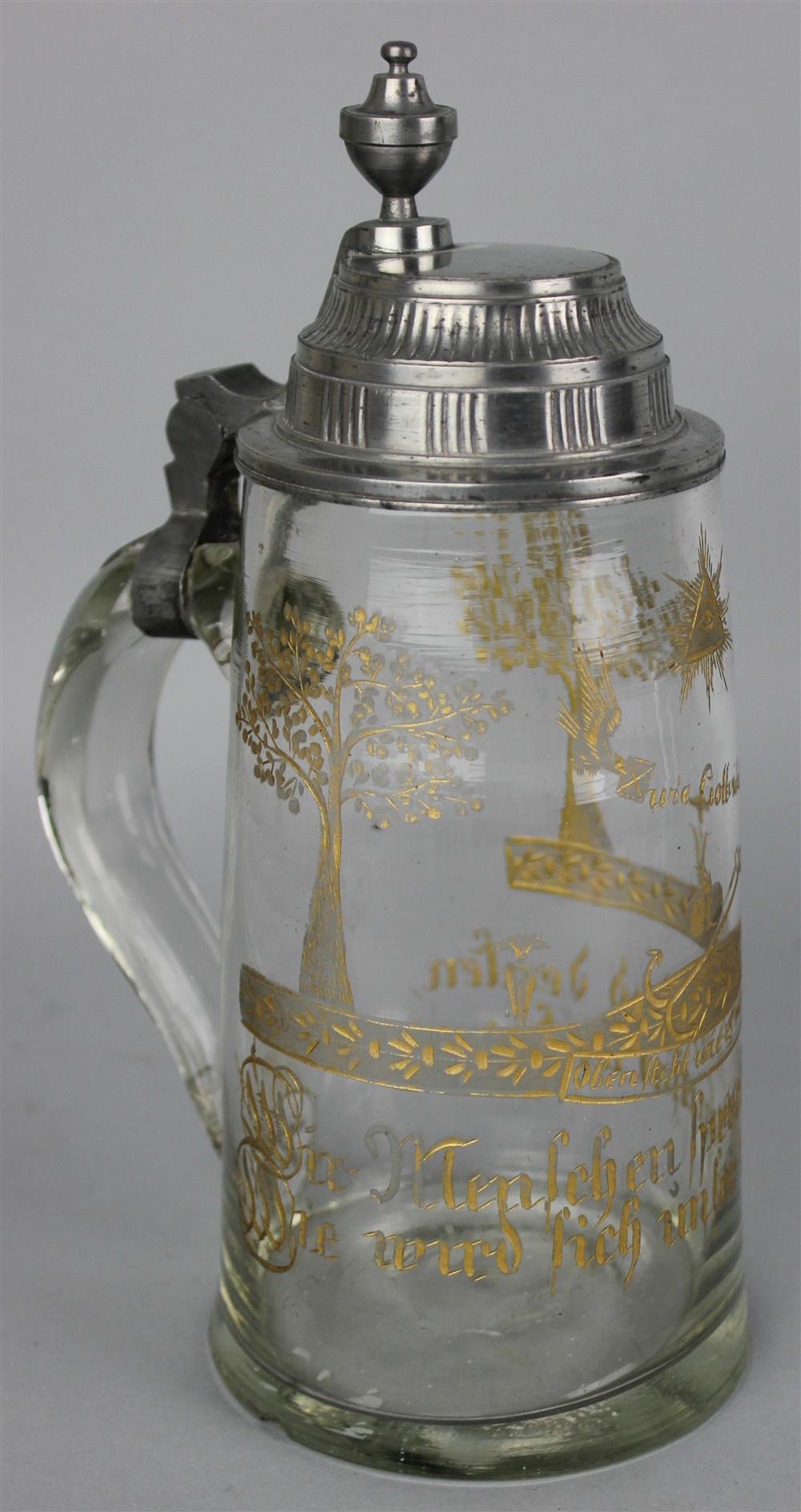 Appraisal: GERMAN PEWTER MOUNTED GILT DECORATED ENGRAVED GLASS MASONIC STEIN circa