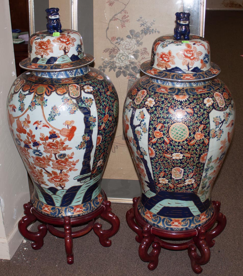 Appraisal: Pair of contemporary oriental palace vases with stands