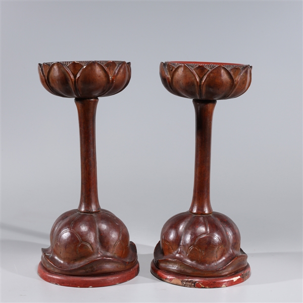 Appraisal: Pair of antique Chinese carved wood lotus stands with red