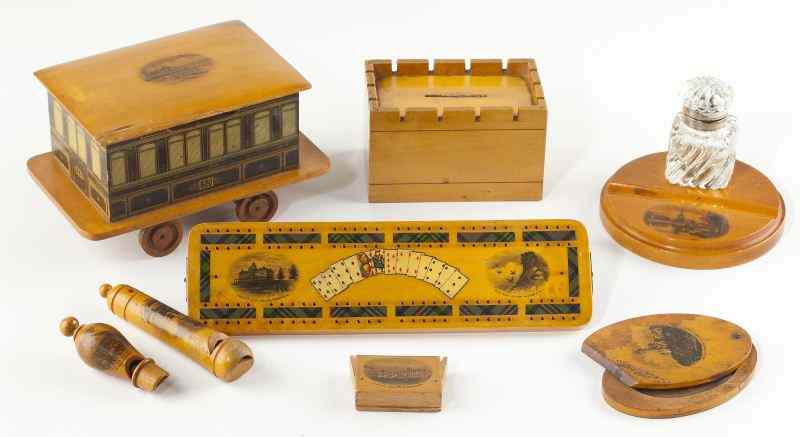 Appraisal: Eight Articles of Transfer Souvenir WoodwareBritish and American scenes late